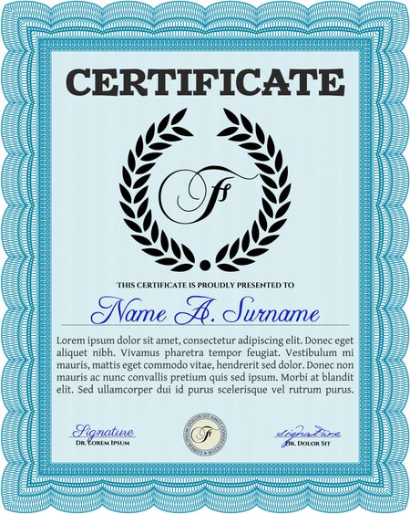 Certificate or diploma template. Good design. With background. Border, frame. Light blue color.