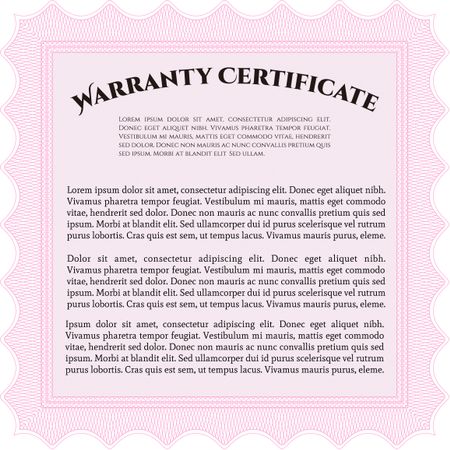 Sample Warranty certificate template. With guilloche pattern and background. Elegant design. Vector illustration.