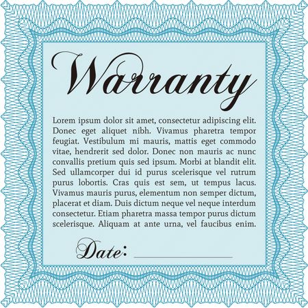 Sample Warranty certificate template. Elegant design. Vector illustration. With guilloche pattern.