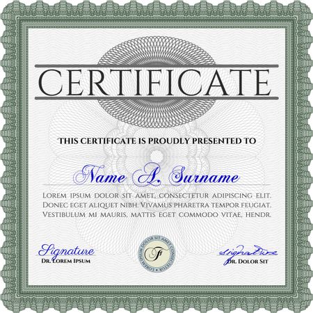 Green Certificate or diploma template. Border, frame. With background. Good design. 