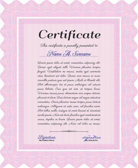 Pink Certificate template or diploma template. Vector pattern that is used in currency and diplomas.Superior design. Complex background. 