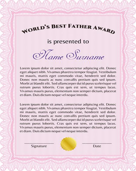 Best Father Award Template. Vector illustration. With guilloche pattern. Elegant design. 