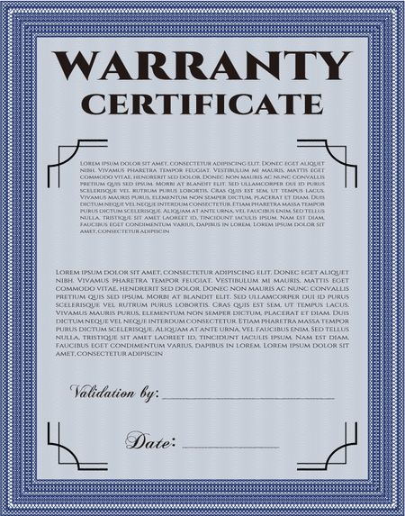Template Warranty certificate. Complex background. Border, frame. Lovely design. 