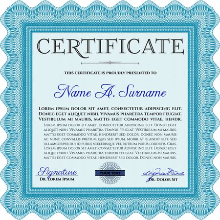 Certificate template or diploma template. Complex background. Vector pattern that is used in currency and diplomas.Beauty design. Light blue color.