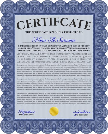 Blue Certificate. Printer friendly. Detailed. Complex design. 