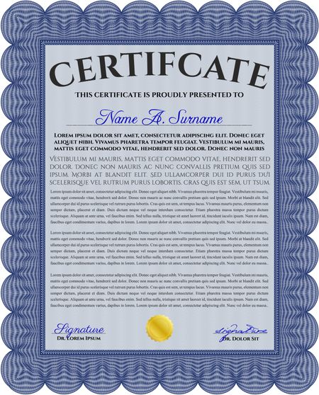 Blue Certificate. Printer friendly. Detailed. Complex design.