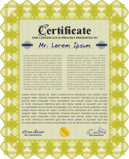 Diploma template. Excellent design. Vector illustration. With complex background. Yellow color.