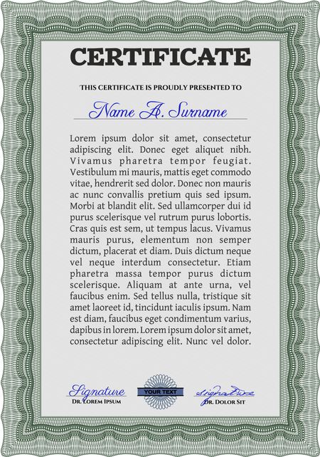 Diploma template. Excellent design. Vector illustration. With complex background. Green color.