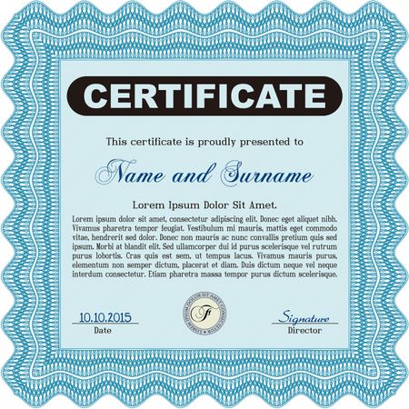 Light blue Certificate. Printer friendly. Detailed. Complex design. 