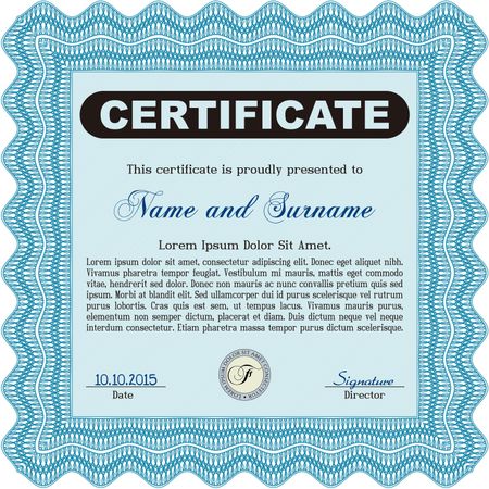 Light blue Certificate. Printer friendly. Detailed. Complex design.