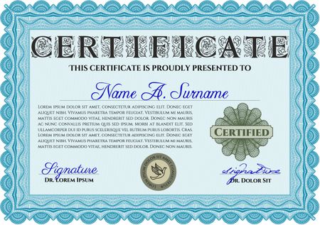 Light blue Certificate template. Printer friendly. Detailed. Nice design. 