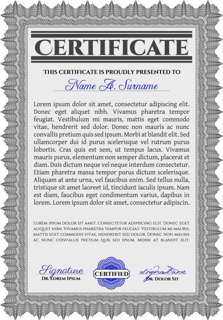 Grey Certificate or diploma template. Customizable, Easy to edit and change colors. Easy to print. Cordial design. 