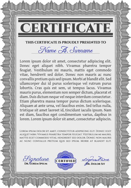 Grey Certificate or diploma template. Customizable, Easy to edit and change colors. Easy to print. Cordial design.