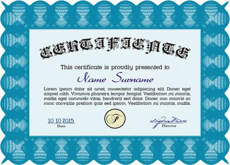 Diploma template. With complex background. Lovely design. Vector illustration. Light blue color.