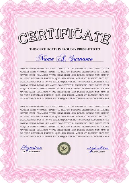 Diploma or certificate template. Vector illustration. With complex background. Lovely design. Pink color.