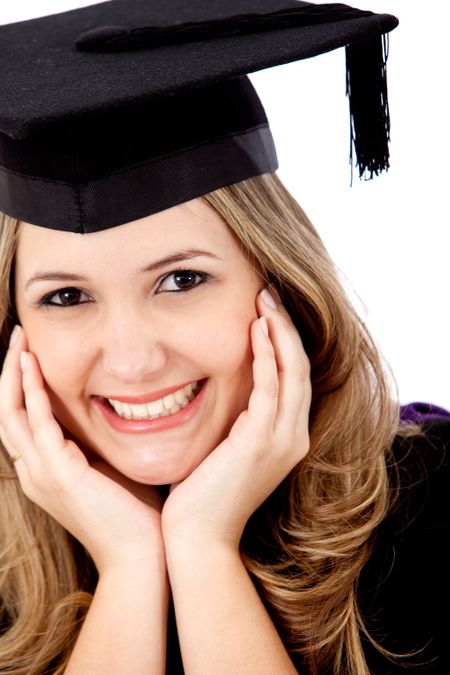Graduation woman portrait smiling isolated on white