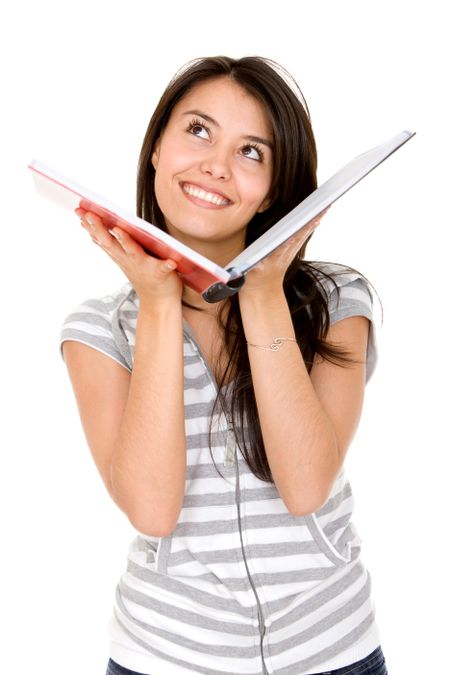 Beautiful female student with a notebook isolated
