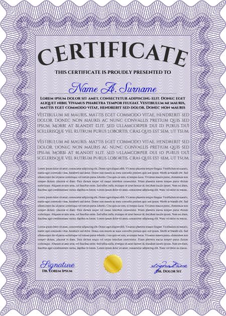 Violet Diploma or certificate template. Vector pattern that is used in currency and diplomas.Superior design. Complex background. 