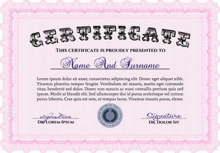 Pink Diploma template. With complex background. Vector illustration. Lovely design. 