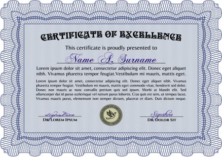 Certificate template or diploma template. Complex background. Superior design. Vector pattern that is used in currency and diplomas.Blue color.