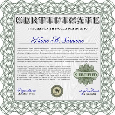 Green Diploma or certificate template. Vector illustration. Lovely design. With complex background. 