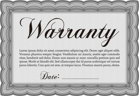 Sample Warranty certificate template. Elegant design. With guilloche pattern and background. Vector illustration.