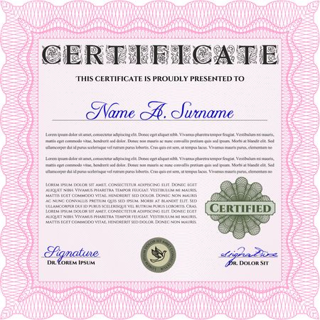 Pink Diploma or certificate template. Vector illustration. Lovely design. With complex background. 