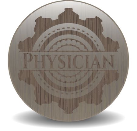 Physician badge with wooden background