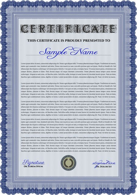 Blue Certificate template or diploma template. Complex background. Beauty design. Vector pattern that is used in currency and diplomas.