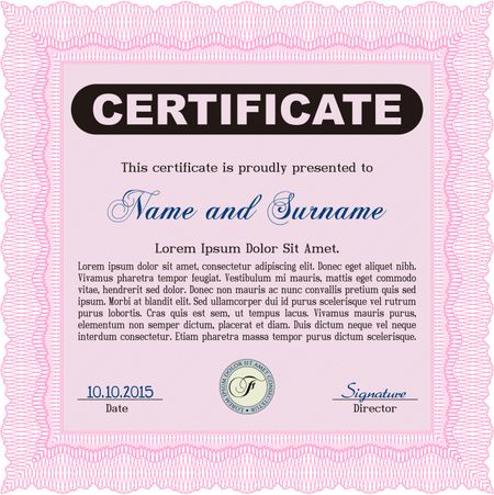 Pink Certificate or diploma template. Cordial design. Easy to print. Customizable, Easy to edit and change colors. 