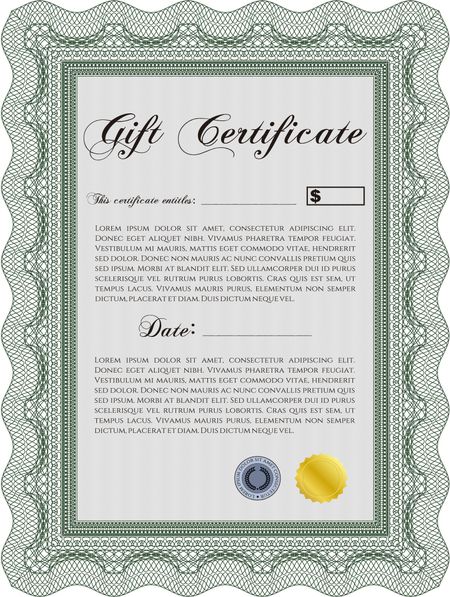 Formal Gift Certificate template. Elegant design. Vector illustration. With guilloche pattern. 