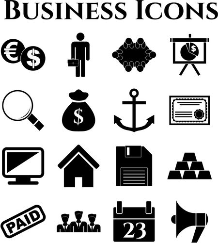 business icon set. 16 icons total. Universal and Standard Icons.