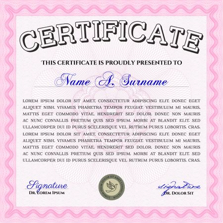 Sample Certificate. With quality background. Artistry design. Vector pattern that is used in money and certificate. Pink color.