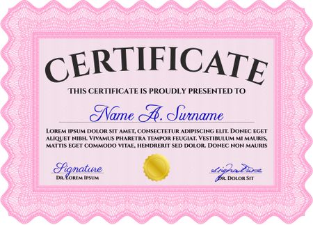 Diploma template. Vector illustration. Lovely design. With complex background. Pink color.