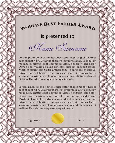 Award: Best dad in the world. With great quality guilloche pattern. Retro design.