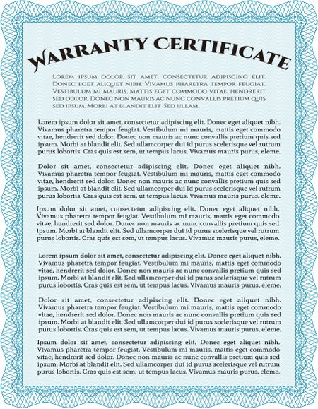 Sample Warranty certificate. Vector illustration. Excellent complex design. With guilloche pattern and background. 