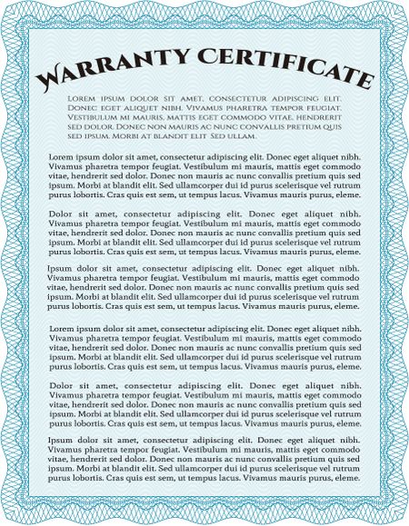 Sample Warranty certificate. Vector illustration. Excellent complex design. With guilloche pattern and background.