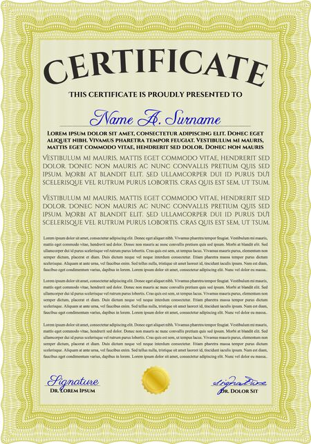 Yellow Certificate. Printer friendly. Complex design. Detailed. 