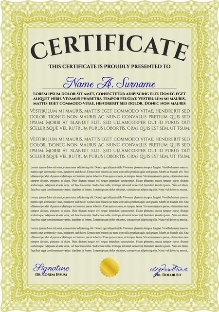 Yellow Certificate. Printer friendly. Complex design. Detailed.