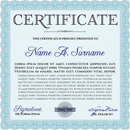 Certificate or diploma template. Cordial design. Easy to print. Customizable, Easy to edit and change colors. Light blue color.