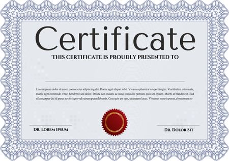 Certificate or diploma template. Cordial design. Easy to print. Customizable, Easy to edit and change colors. Blue color.