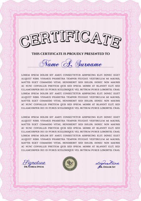 Pink Certificate. Complex design. Printer friendly. Detailed. 