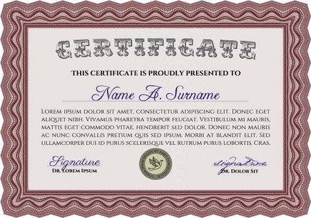 Red Certificate template or diploma template. Complex background. Vector pattern that is used in currency and diplomas.Superior design. 