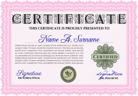 Certificate or diploma template. Cordial design. Easy to print. Customizable, Easy to edit and change colors. Pink color.
