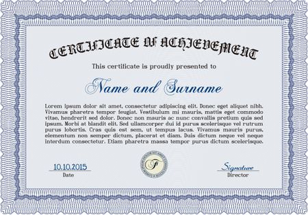 Diploma or certificate template. Vector pattern that is used in currency and diplomas.Superior design. Complex background. Blue color.
