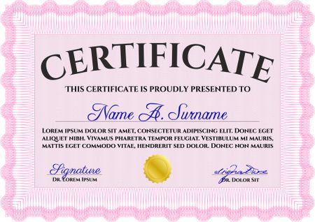 Pink Diploma or certificate template. Vector illustration. With complex background. Lovely design. 