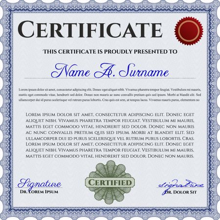 Blue Diploma or certificate template. Complex background. Superior design. Vector pattern that is used in currency and diplomas.