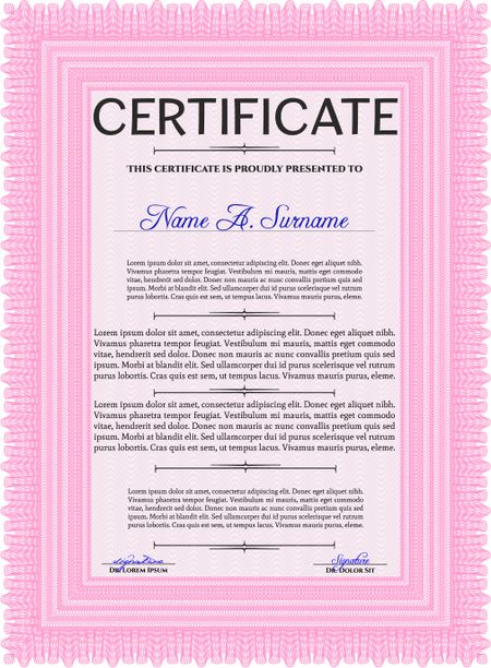 Certificate or diploma template. Easy to print. Cordial design. Customizable, Easy to edit and change colors. Pink color.