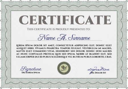 Certificate or diploma template. Easy to print. Cordial design. Customizable, Easy to edit and change colors. Green color.