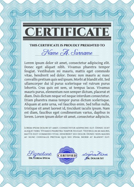 Light blue Diploma template or certificate template. Artistry design. With quality background. Vector pattern that is used in money and certificate. 